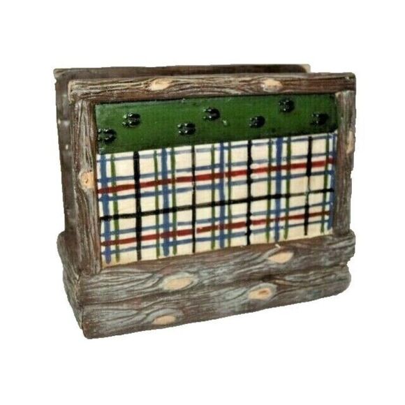 Moose Tracks Napkin Holder Plaid and Logs Design Tan Brown Green Stoneware Gift - Picture 3 of 6
